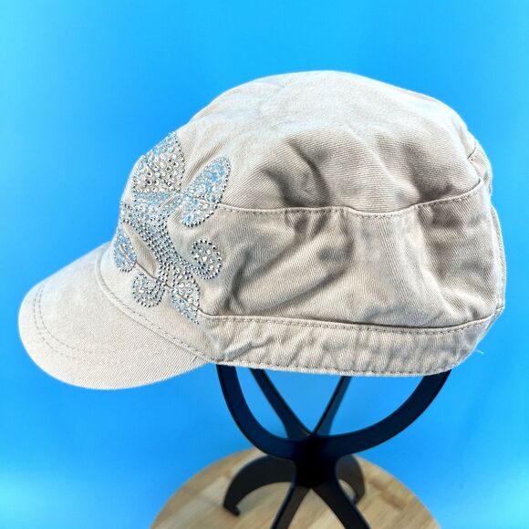 Womens Beige Military Style Cadet Cap w Rhinestone Fleur de Lis - Picture 5 of 7